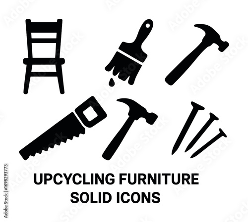 Upcycling furniture tools: paintbrush, hammer, saw, nails icon set