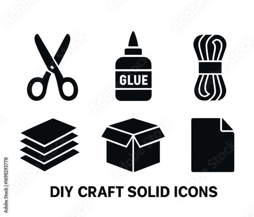 Diy craft icons: scissors, glue, string, paper, box, sheet symbols