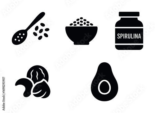 Superfood icons: nuts, seeds, avocado, spirulina, nutrition symbols
