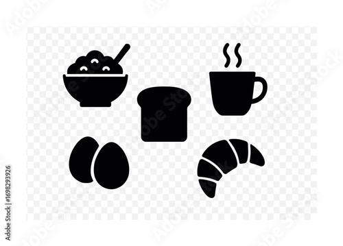 Breakfast icons: bowl, mug, eggs, bread, croissant silhouettes on transparent background
