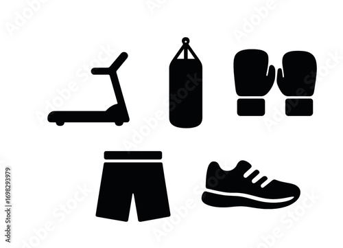 Set of gym equipment icons: treadmill, punching bag, gloves, shorts, sneakers