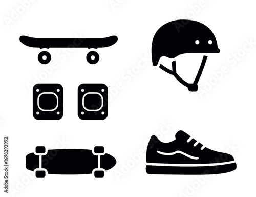 Skateboarding equipment icons: skateboard, helmet, pads, shoe silhouettes