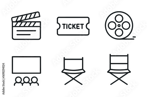 Film industry icons: clapperboard, ticket, reel, screen, director's chair illustrations