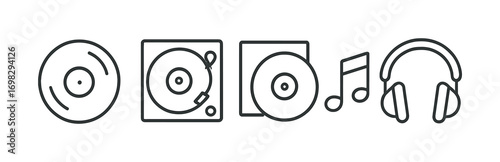 Outline icons of vinyl disc, turntable, musical note, headphones