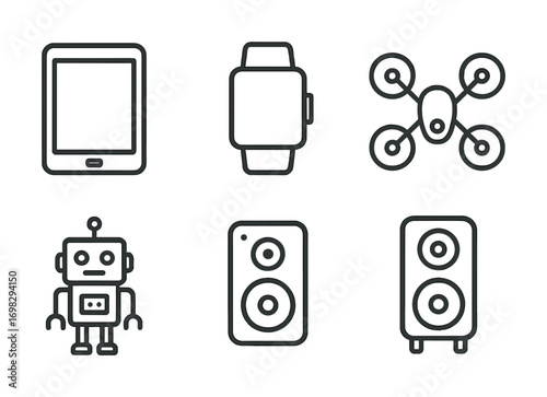 Collection of tech gadgets including tablet, smartwatch, drone, robot, speaker, and sound system