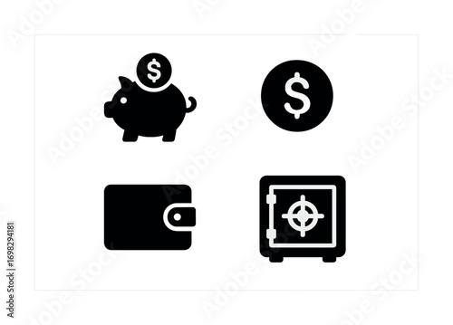 Currency symbols and financial icons: piggy bank, dollar sign, wallet, safe