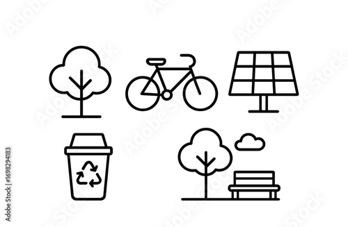 Sustainable urban living: trees, bicycle, solar panel, recycling, park bench icons