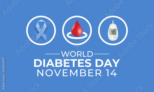 World Diabetes Day on November 14 promotes awareness on diabetes prevention, early detection, healthy living, treatment, and global support.Diabetes Test Machine with blood and Stethoscope icon vector