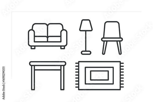 Outline icons of living room furniture: sofa, lamp, chair, table, rug