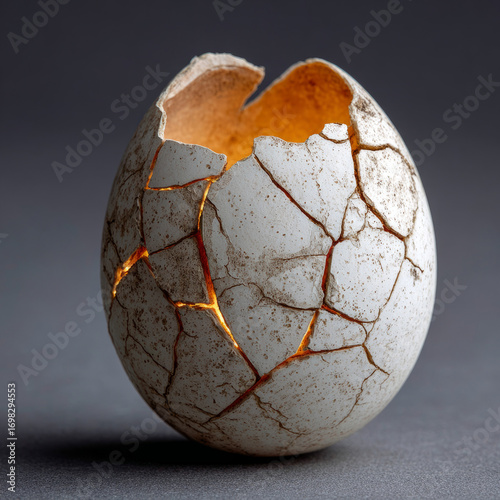 Cracked egg with glowing light from within on dark background.