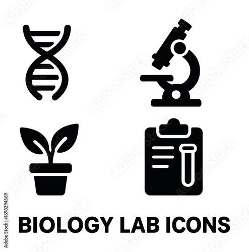 Biology lab icons: dna strand, microscope, plant, clipboard for scientific research