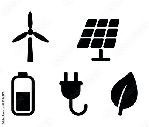 Renewable energy icons: wind turbine, solar panel, battery, plug, leaf