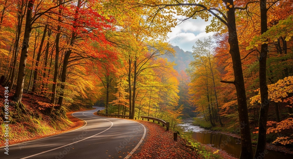 Obraz premium Winding Road Through Autumnal Forest Landscape with Vibrant Foliage Colors