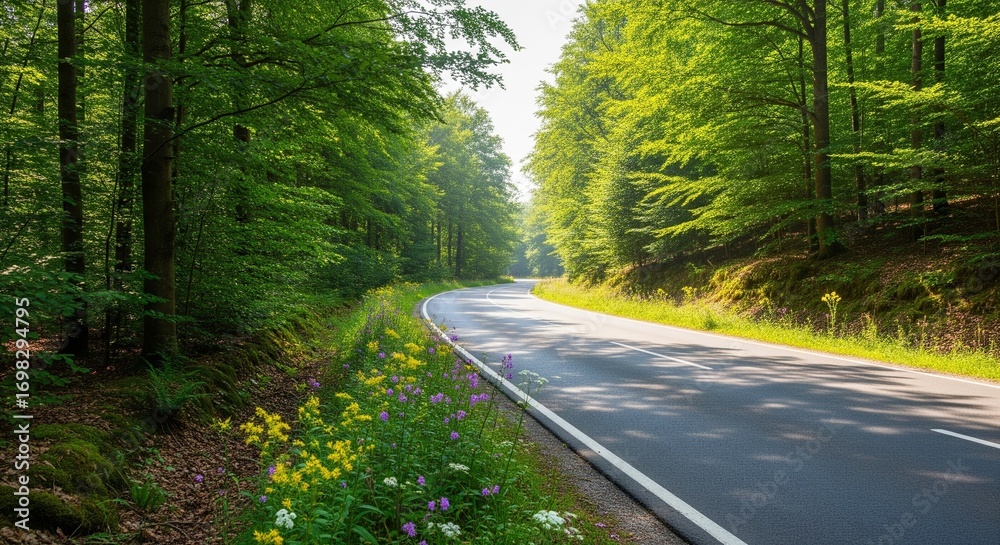 Naklejka premium Serene Road Winding Through Lush Green Forest Landscape