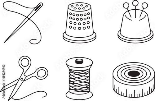Collection of sewing tools including needle threader scissors thimble and measuring tape isolated on white background