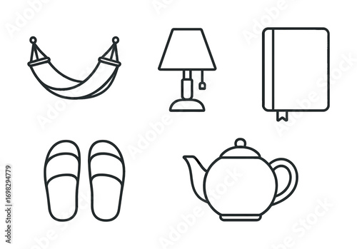 Hammock lamp notebook slippers teapot icons set for relaxation and home comfort
