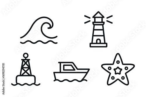 Set of nautical icons featuring wave, lighthouse, buoy, boat, and starfish