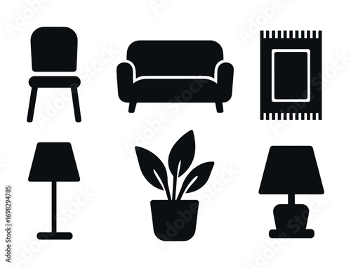 Collection of minimalist furniture icons: sofa, chair, lamp, rug, plant
