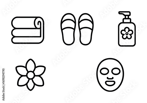 Spa essentials: towels, slippers, lotion, flower, face mask icons