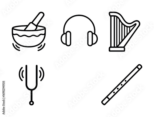 Musical instruments and tools: headphones, harp, tuning fork, flute icon set