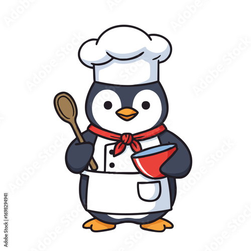 A cute penguin chef wearing a tall white toque and an apron proudly holds a wooden spoon and mixing bowl, depicted in a vibrant 2D flat vector illustration with clean outlines on a white background.