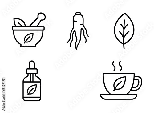Herbal remedy icons: mortar, ginseng, leaf, oil bottle, tea cup