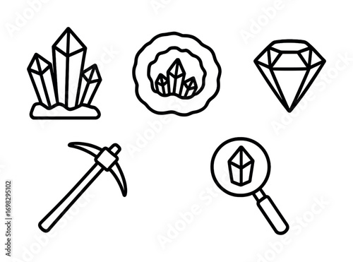 Outlined gemstones and tools for crystal exploration and analysis