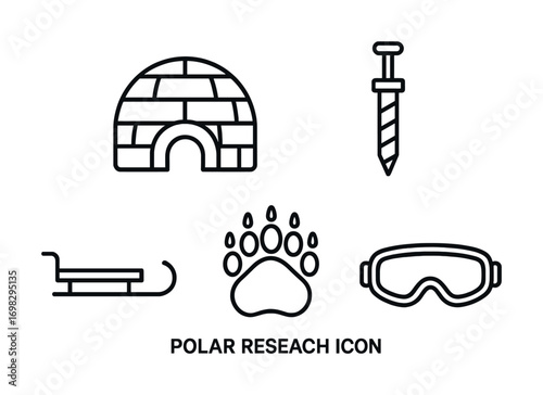 Polar research icons: igloo, ice drill, sled, bear paw, goggles