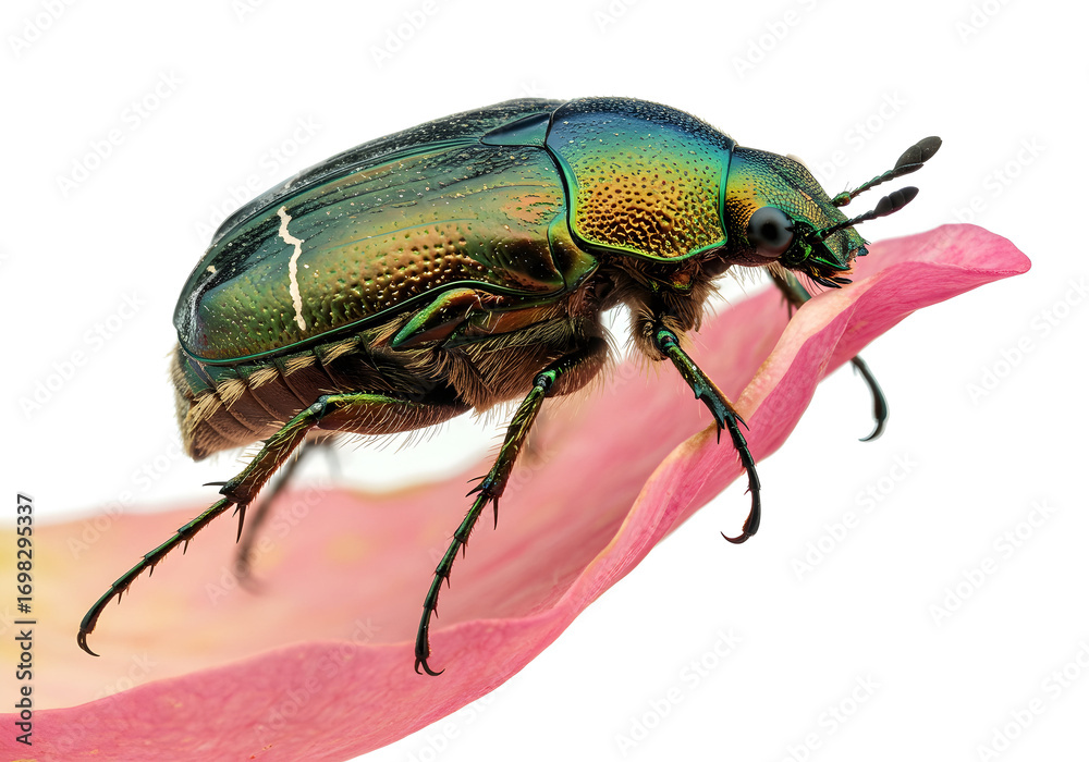 Fototapeta premium Detailed closeup of a beautiful iridescent beetle resting delicately on a soft pink petal, highlighting the insect's intricate textures and colors, isolated against white.
