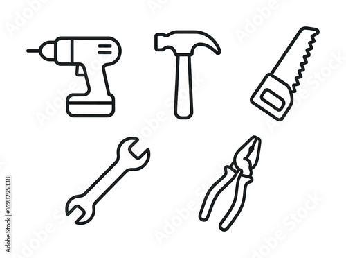 Outline icons of drill, hammer, saw, wrench, and pliers