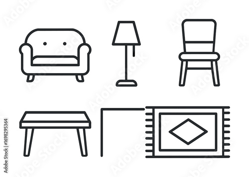 Minimalist furniture icons: sofa, lamp, chair, table, rug design