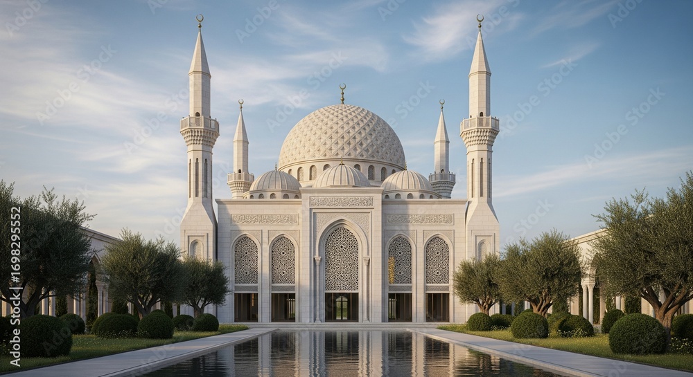 Obraz premium Elegant White Mosque with Reflections on Water, a Peaceful Scene
