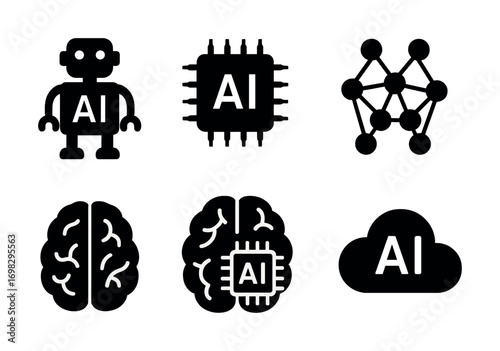 Artificial intelligence icons featuring robot, ai chip, neural network, brain, and cloud