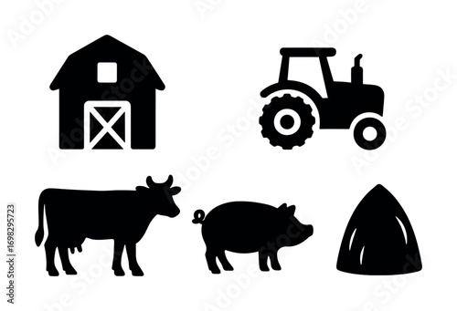 Silhouette icons: barn, tractor, cow, pig, harvest bundle on white background