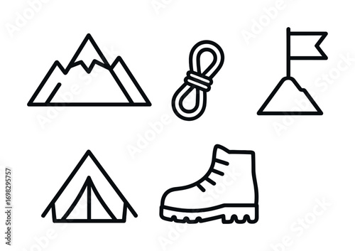 Hiking and mountaineering icons: mountain, rope, flag, tent, boot symbols