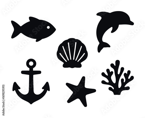 Marine icon collection: fish, dolphin, shell, anchor, starfish, coral