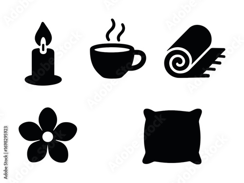 Candle, coffee, yoga mat, flower, and pillow icons on white background