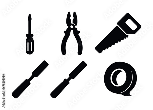 Silhouette icons of hand tools: screwdriver, pliers, saw, chisels, tape