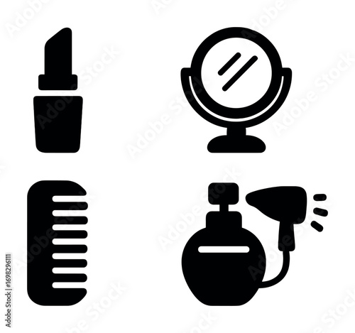 Silhouette icons of mirror, perfume, comb, and hairdryer