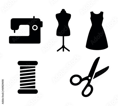Sewing tools silhouettes with sewing machine, mannequin, dress, thread, scissors