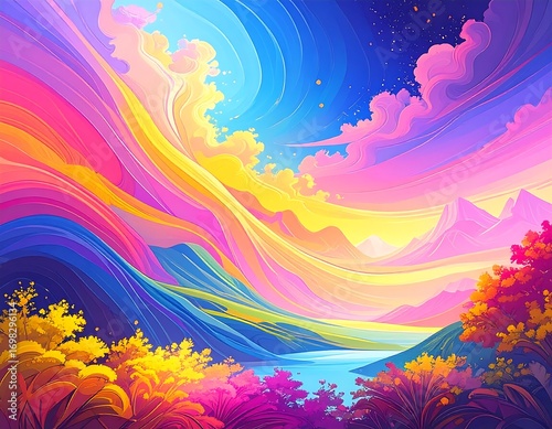 Vibrant abstract landscape with swirling colors