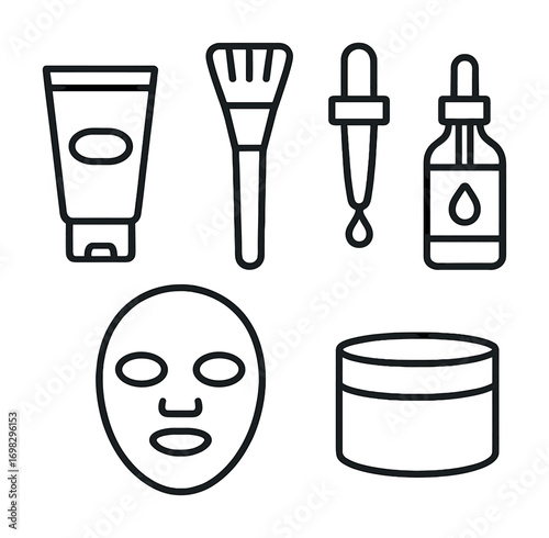 Skincare essentials: tube, brush, dropper, bottle, mask, and jar outlined icons