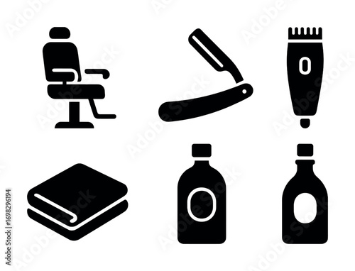 Barber shop icons: chair, razor, clipper, towel, bottles