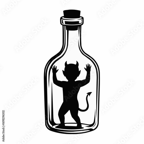 Illustration of silhouette of a devil trapped inside a glass bottle with a cork