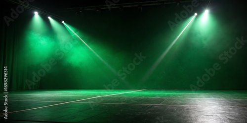 Dramatic stage lighting with two green spotlights casting beams on a reflective floor