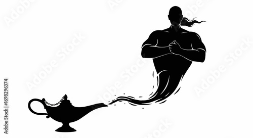 Illustration of a muscular silhouette of a genie with arms crossed, emerging from a classic magic lamp, isolated on a