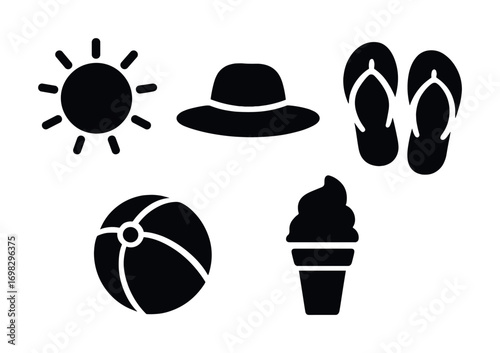 Summer essentials icons: sun, hat, flip-flops, beach ball, ice cream