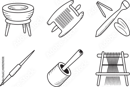Collection of antique textile tools and equipment for weaving and spinning isolated on white background