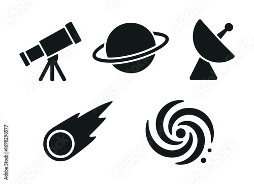 Space exploration icons: telescope, saturn, satellite, meteor, galaxy