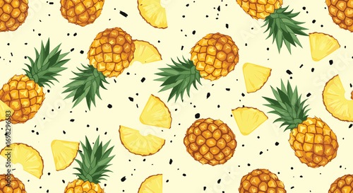 Abstract pixel art tropical fruit pattern featuring pineapple slices and whole pineapples scattered across a light textured background